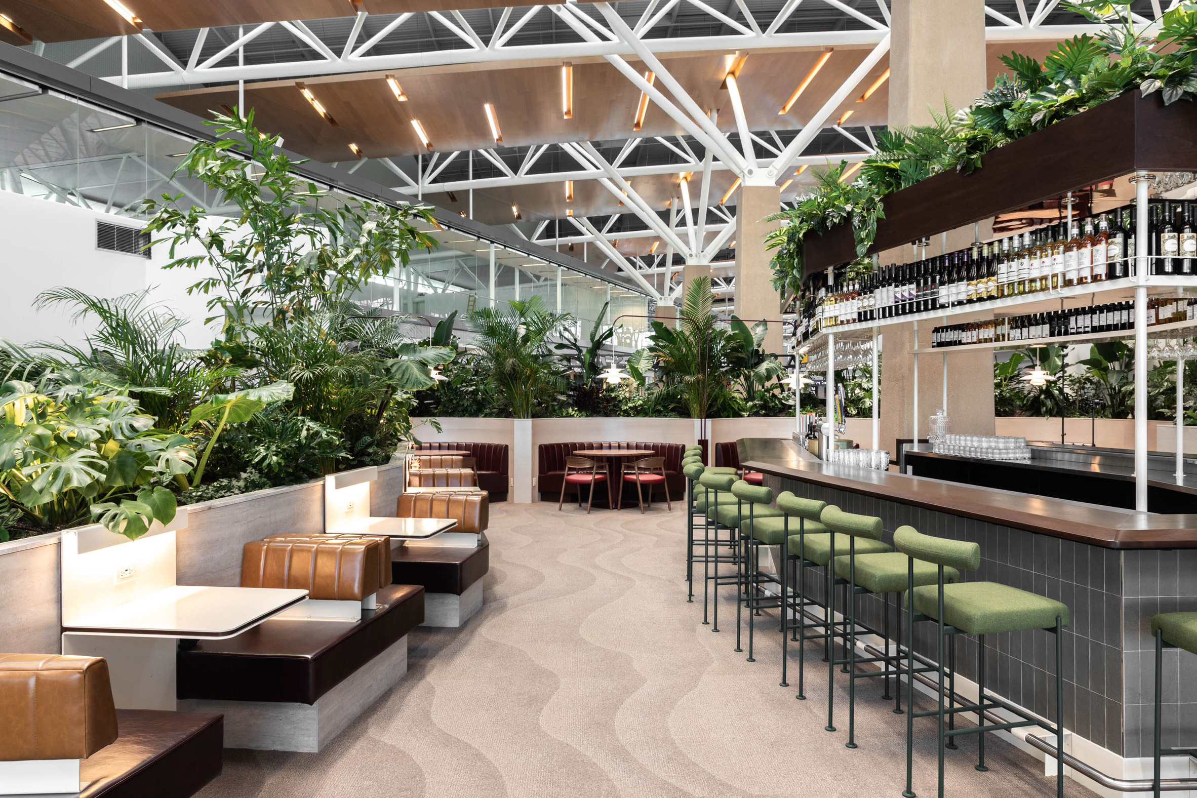 Airport lounge with bar and lounge seating surrounded by plants