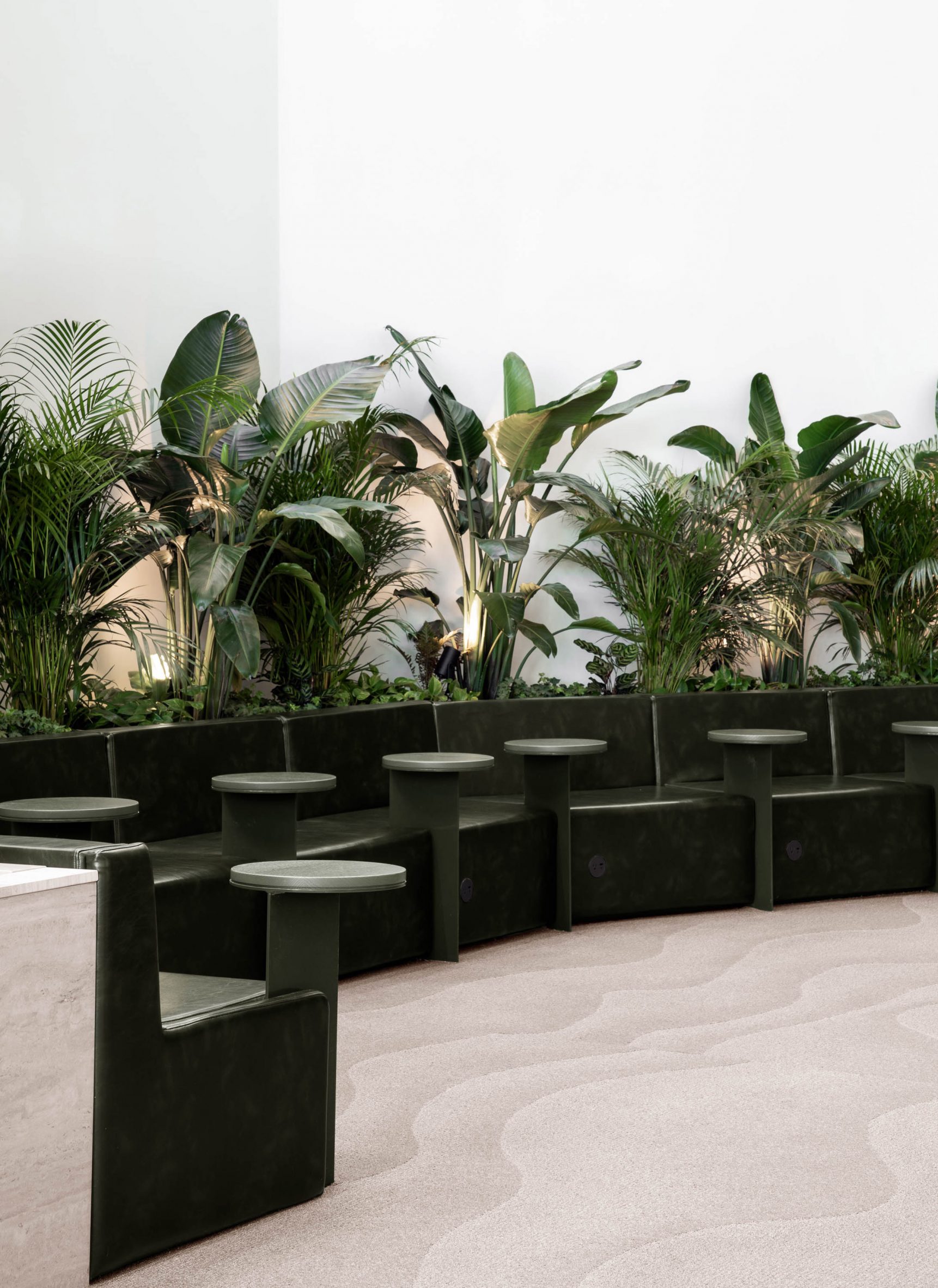 Line of green seats with individual tables, and plants behind