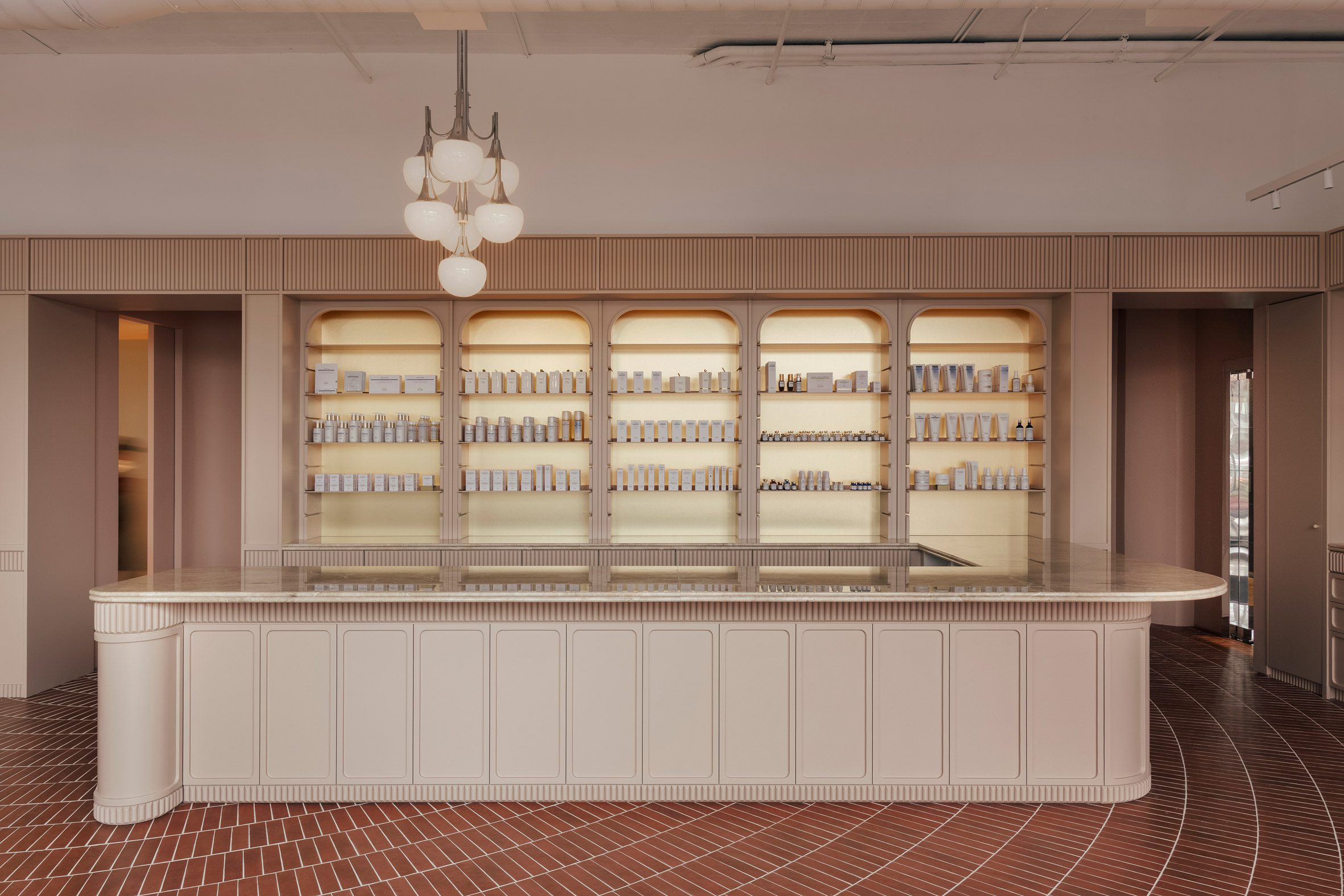 Retail space with a marble-topped, L-shaped counter