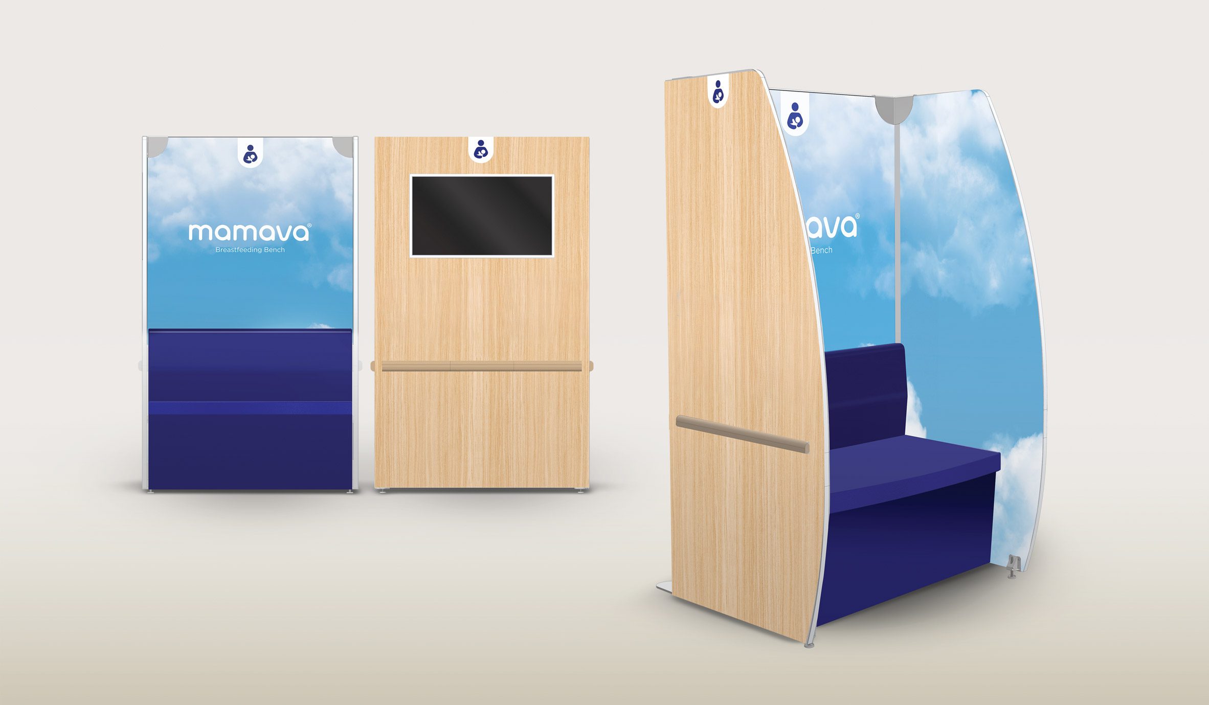 Mamava Breastfeeding Bench Prototype featuring a blue seat