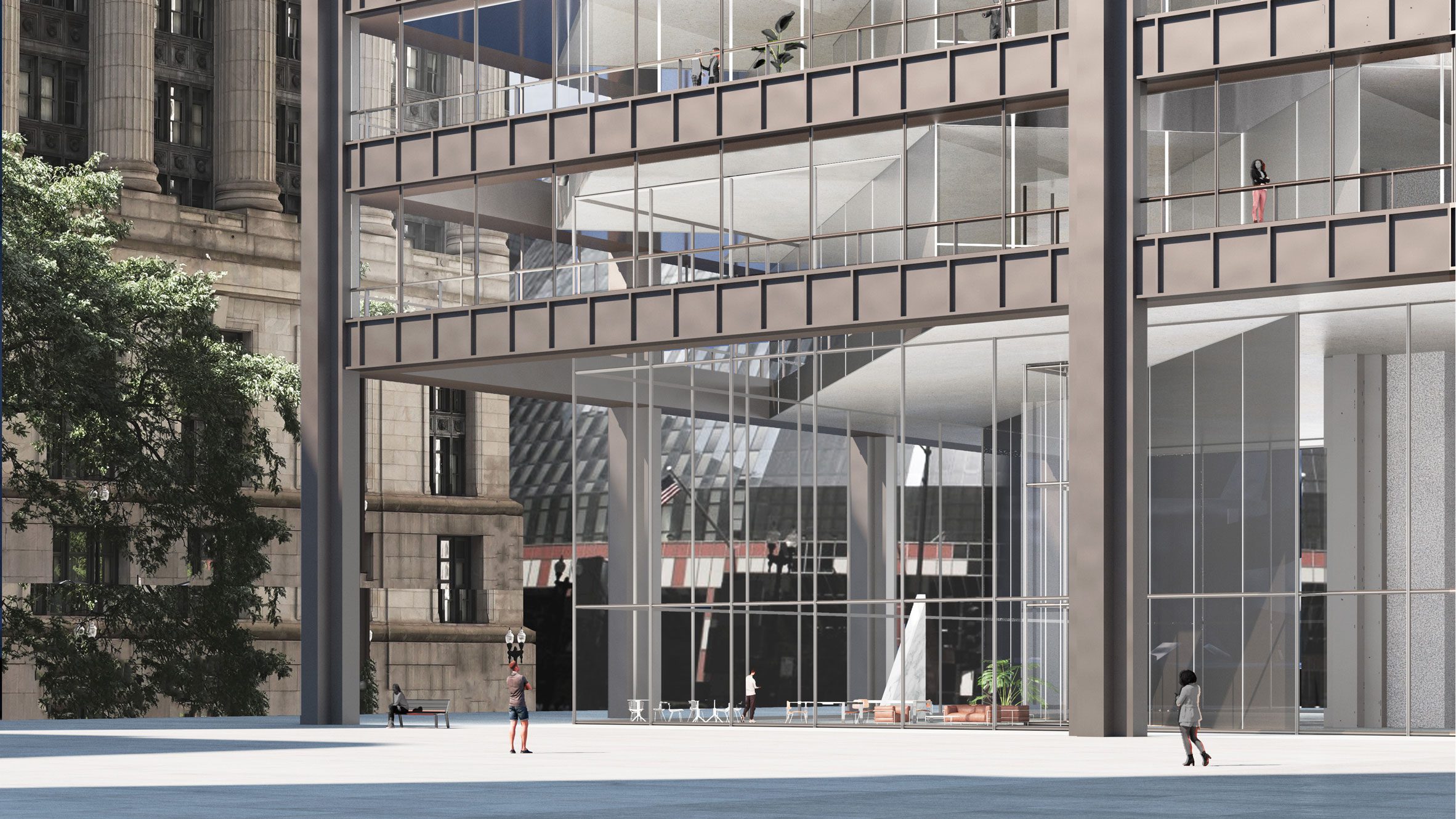 Render of Zixuan Luo's new exterior from the ground floor of the Richard J Daley Center