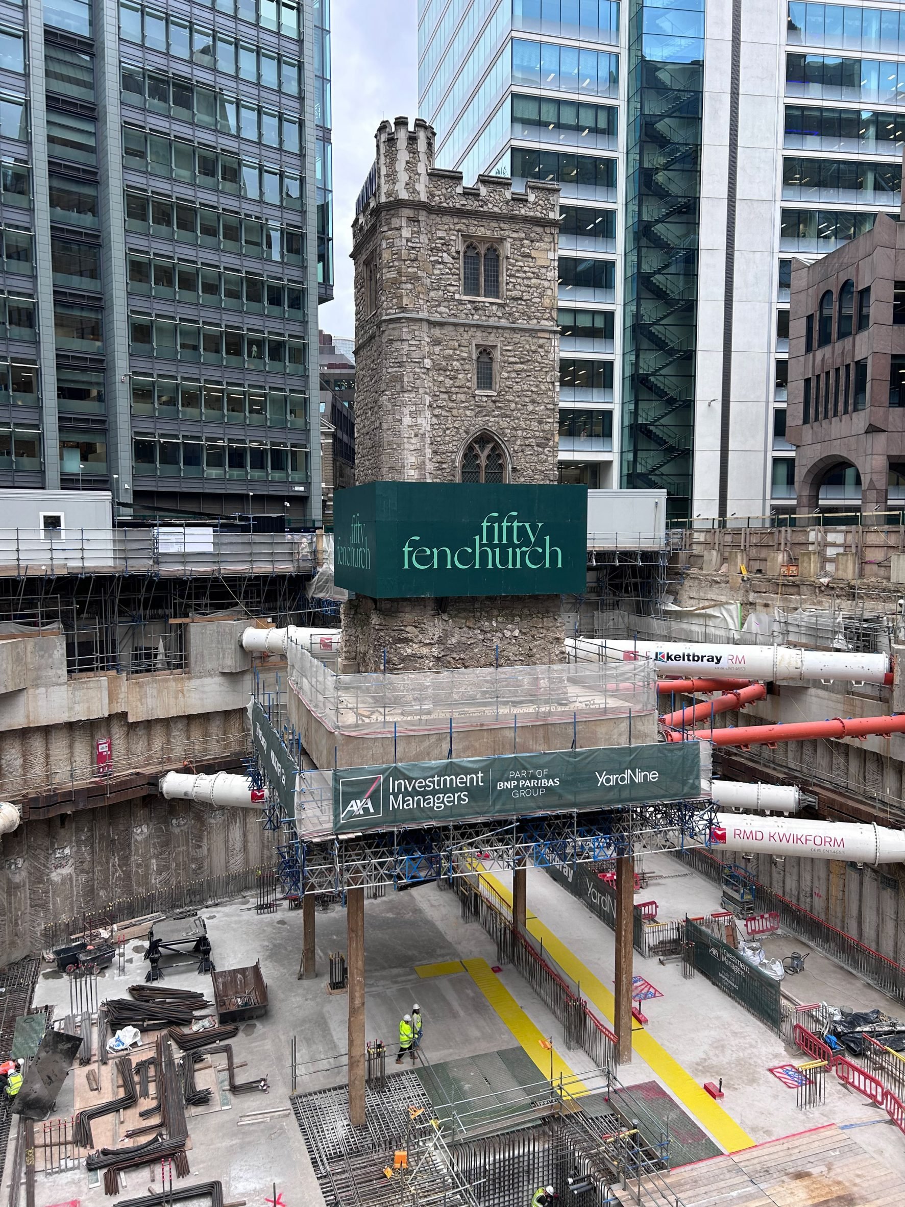 Excavation for 50 Fenchurch Street around medieval London church tower