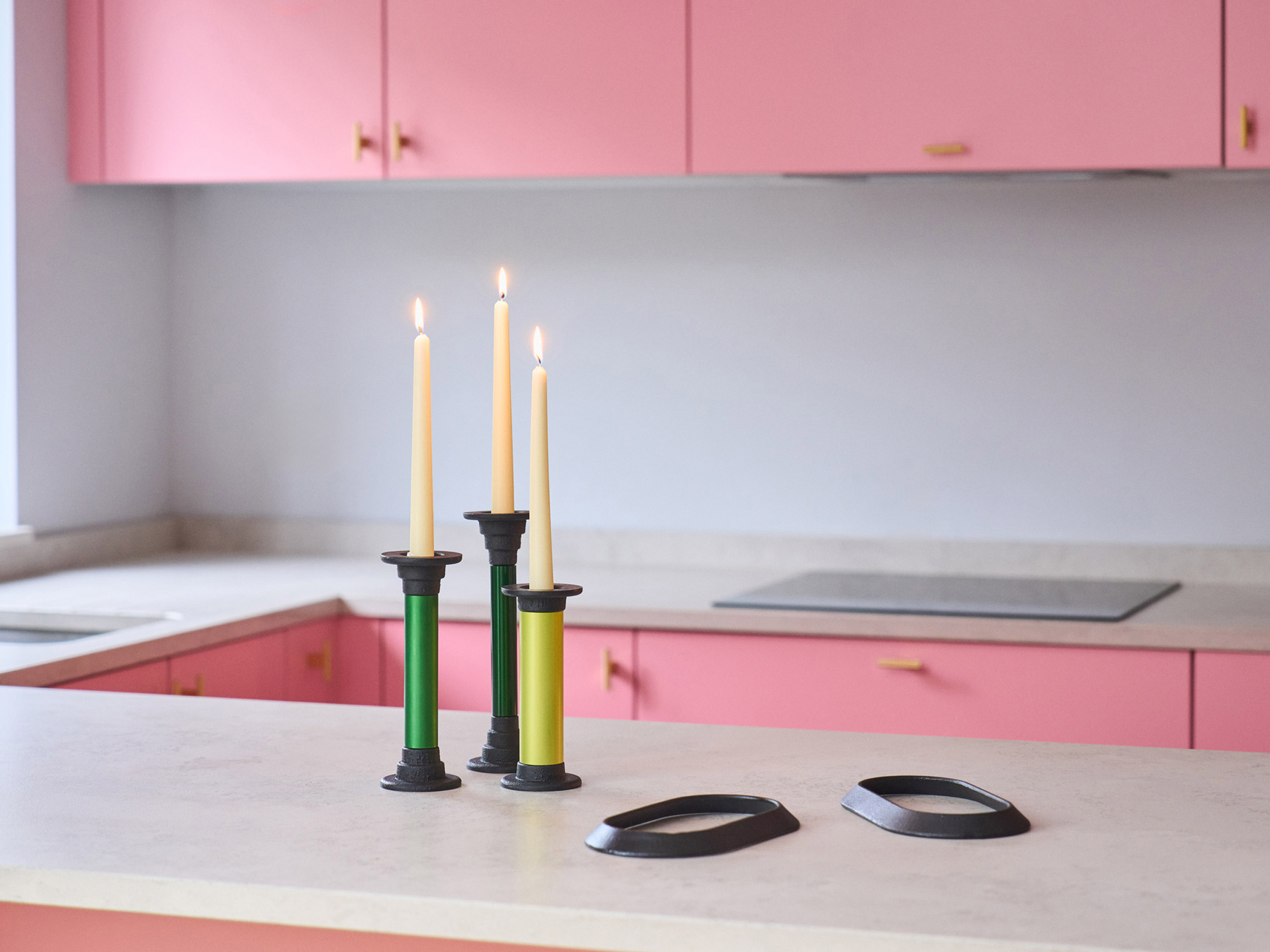 Atelier Thirty Four candleholders in pink kitchen for The Objects We Live By exhibition by Emma Louise Payne