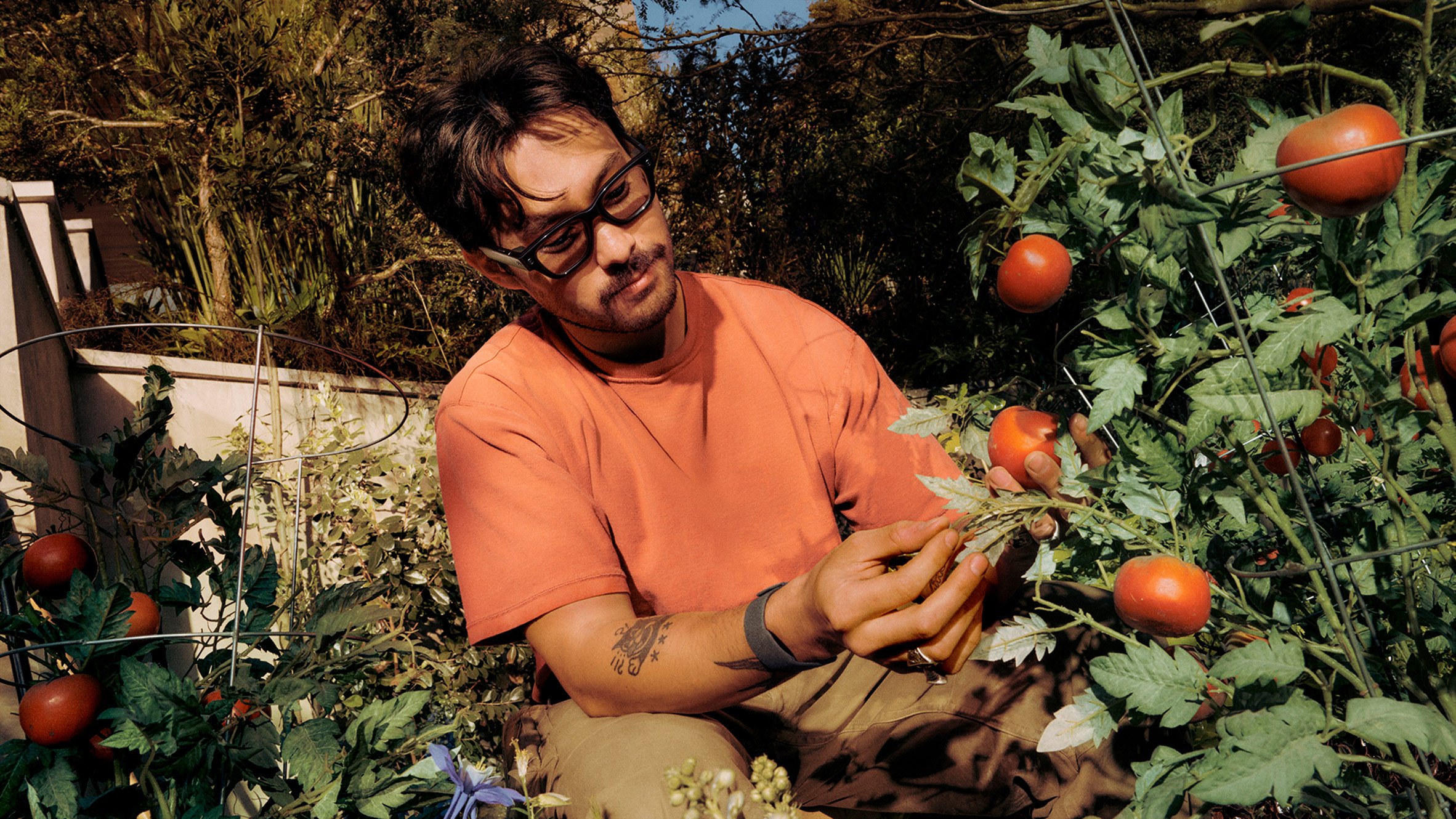 Photo of a man tending to his tomato patch while wearing the Meta Ray-Ban Display glasses and wristband