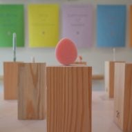 Pink sponge on wooden plinth